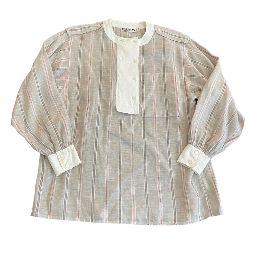 Vintage Escada Linen Brown/Pink Striped LS Blouse Top, Size 38 (US M)
